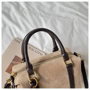 Suede handbag detail retro shoulder tote bag autumn winter fashion brown khaki design