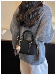 Black Suede Crossbody Bag Women Fall Winter Chic Boston Handbag with Ice Cream Charm