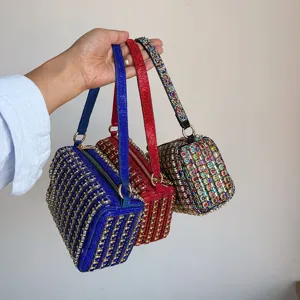 Sparkling crystal rhinestone evening box handbag luxury designer underarm crossbody bag for women