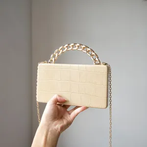 Minimalist crocodile pattern box bag with chunky gold chain handle and chic crossbody strap.