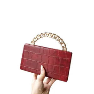 Red crocodile pattern box bag with chunky gold chain handle, elegant vintage clutch purse for women