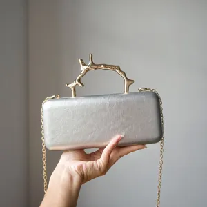 Women Luxurious Metal Branch Handle Evening Bag PU Leather Hard Case Clutch Purse Elegant Handbag For Banquet Wedding Party