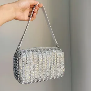 Women Luxurious Rhinestone Handbag Shiny Square Box Clutch Bag Fashion Elegant Underarm Shoulder Bag For Party Wedding Evening Accessory