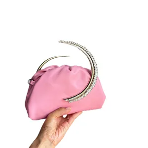 Pink pleated soft clutch bag with luxury crystal crescent handle elegant evening party handbag