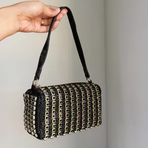 Black rhinestone shoulder bag, luxury crystal box handbag for women, elegant evening underarm bag.
