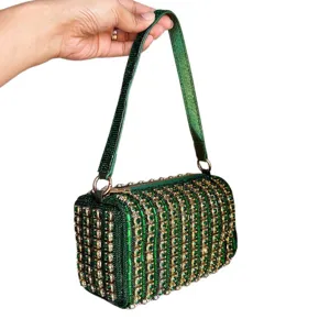 Green rhinestone shoulder bag, luxury sparkly crystal box handbag for women evening party.