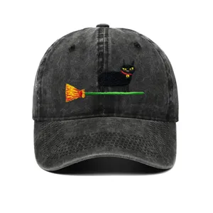 Vintage washed black cat embroidered baseball cap, detailed view of the casual hat.