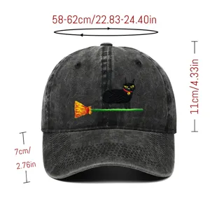 Detailed view of vintage washed black cat embroidered baseball cap with precise dimensions.