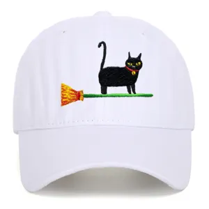 White baseball cap featuring an embroidered black cat on a broom, casual sun hat.