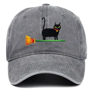 Vintage washed black cat embroidered baseball cap, casual distressed dad hat for men and women