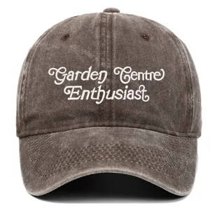 Vintage washed embroidered baseball cap with slogan, casual unisex sun hat for outdoor wear.