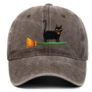 Vintage washed baseball cap featuring cute black cat embroidery, casual sun hat for daily wear.