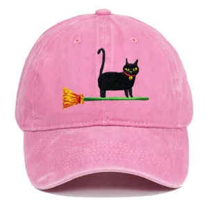 Vintage washed pink baseball cap featuring cute black cat embroidery, casual sun hat.