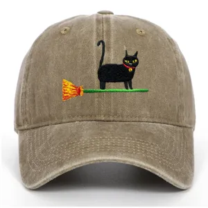 Vintage washed cotton baseball cap with cute black cat broom embroidery for daily sun protection.