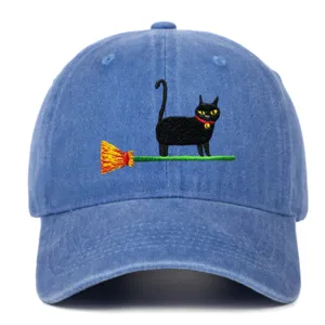 Vintage washed baseball cap featuring cute black cat embroidery, perfect for casual outdoor wear.