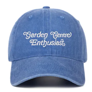 Vintage washed blue baseball cap featuring white embroidered Garden Centre Enthusiast text.