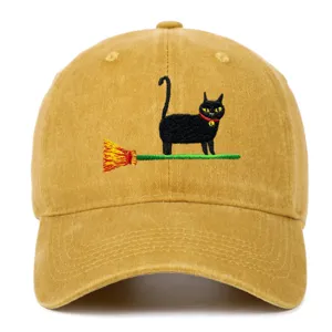 Vintage washed black cat embroidery baseball cap, casual unisex sun hat for outdoor wear.