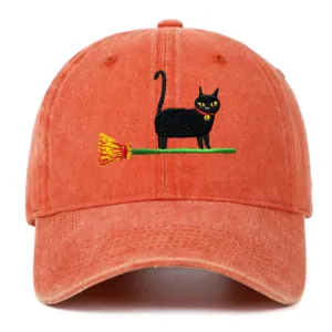Retro washed orange baseball cap featuring cute black cat embroidery detail, casual sun prot.