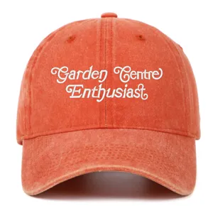 Detailed view of a retro washed embroidered baseball cap featuring Garden Centre Enthusiast text.
