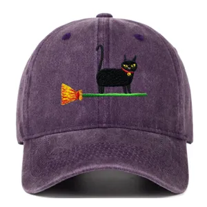 Vintage washed purple baseball cap with cute black cat and broom embroidery for daily wear.