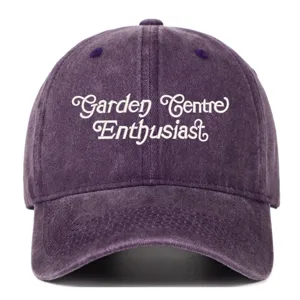 Vintage washed purple baseball cap with white Garden Centre Enthusiast embroidery unisex.