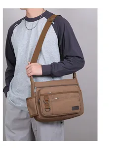 Herren Segeltuch Umhaengetasche Vintage Schultertasche Braun Grosse Kapazitaet Mehrfach Taschen