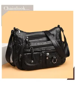 Black soft leather multi-pocket crossbody bag vintage casual shoulder bag for women