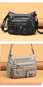 Women multi-pocket soft leather shoulder bag casual crossbody retro commuter handbag chic purse
