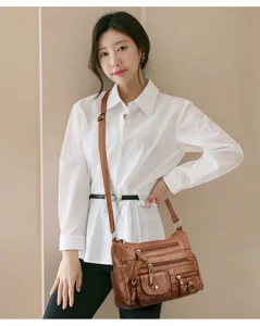 Women soft leather multi pocket crossbody shoulder bag stylish casual retro everyday handbag