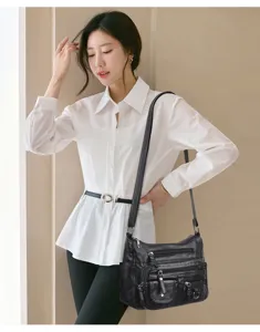 Women multi-pocket soft leather shoulder bag casual retro crossbody bag solid color daily use