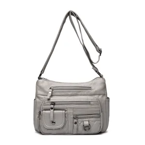 Grey multi-pocket soft leather shoulder bag casual crossbody bag for women daily use.
