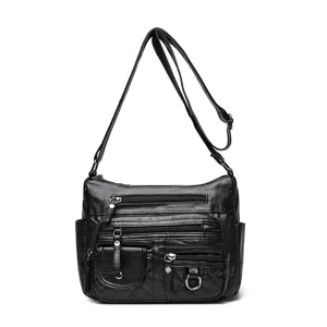 Black multi-pocket soft leather shoulder bag casual vintage crossbody bag for women main view