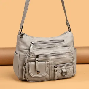 Women soft leather multi-pocket shoulder crossbody bag vintage elegant solid handbag