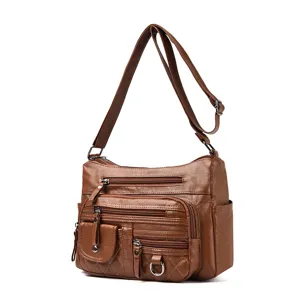 Women multi-pocket soft leather shoulder bag retro casual crossbody bag stylish solid color purse