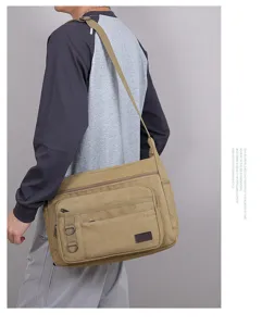 Umhängetasche Detailansicht in Khaki aus robustem Canvas mit vielen Fächern und Gurt.