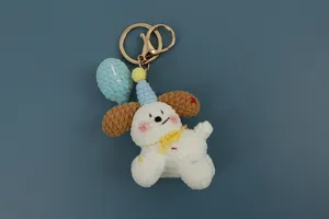 Handmade crochet puppy keychain with balloon cute plush bag charm birthday gift pendant.