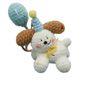 Handmade crochet puppy plush keychain with cute balloon and party hat for bag charm