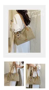 Gedetailleerd overzicht van de vintage casual tote tas met pluche hanger en schouderband.