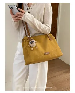 Stijlvolle mosterdgebele damestas shopper, grote capaciteit retro schoudertas.
