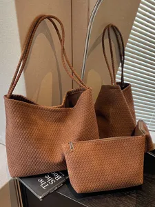 Sac à Bandoulière Rétro en Cuir PU Tissé pour Femmes Simple Niche Sac de Navette pour Mode Quotidienne Brun Noir Kaki