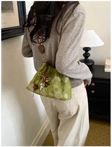 Stylish green printed canvas drawstring shoulder bag vintage casual crossbody tote