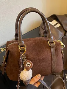Vintage Canvas Boston Bag Women Fashion Patchwork Crossbody Bag Casual Handbag Small Pillow Bag With Pendant Commute Bag