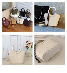 Sac seau tressé rétro style coréen, sac à bandoulière décontracté avec poignée et charm.