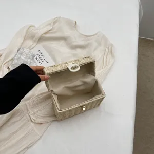 Bolso tipo caja de paja estilo francés para mujer, elegante bolso tejido para vacaciones en playa.