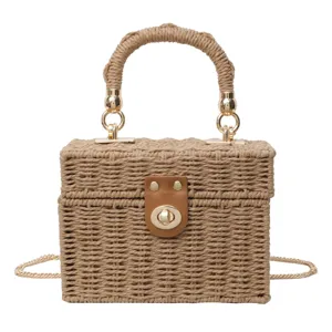 Bolso de mano de caja de paja chic para mujeres, elegante bolso cruzado de mimbre playa.