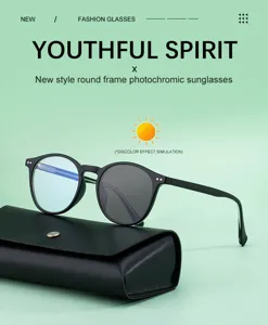 Close up of round frame photochromic sunglasses detail, UV protection men sunglasses.