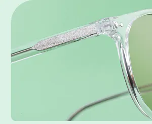 Close-up detail of clear frame sunglasses temple with metal core wire and hinge design.