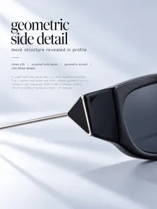 Gros plan détaillé de lunettes de soleil carrées élégantes avec accent géométrique et fine branche.