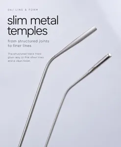 Gros plan détaillé des branches de lunettes en métal fin, design minimaliste moderne, argent.