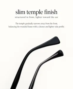Close-up detail of slim sunglasses temple finish, structured front design with tapered side profile.